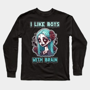 I Like Boys With Brain, Zombie Halloween Cute Pasel Blue Pink Retro Colorful Scary Long Sleeve T-Shirt